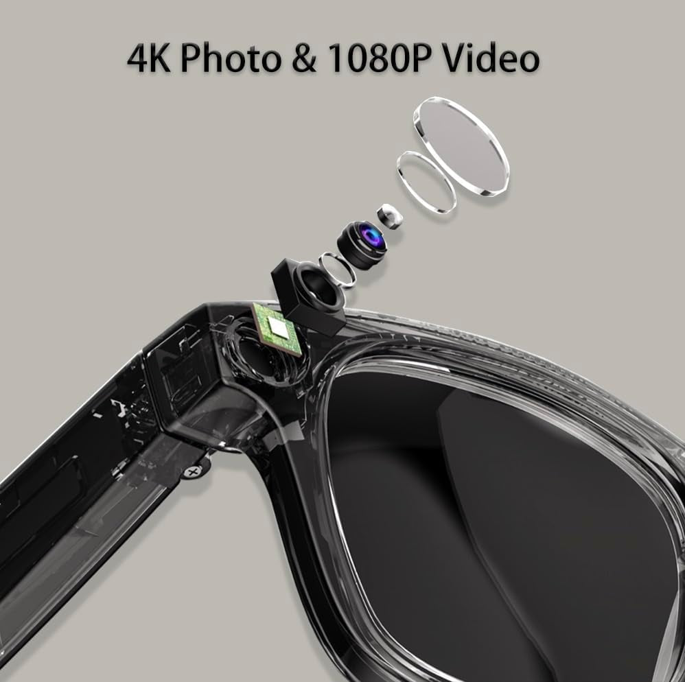 4K Camera Glasses, AI Smart Glasses with Real-Time Translation & Object Recognition,32Gb Storage, Max 10Hrs Playtime | 2 Lens Set（Transparent&Black for Outdoor,Work,Travel, Business - Black